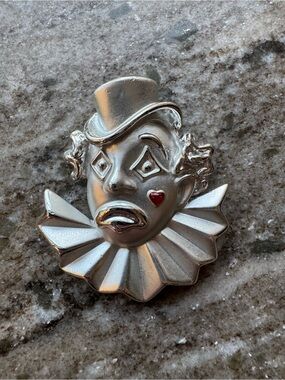 Vintage AJC Silver Clown Brooch with Red Heart Accent